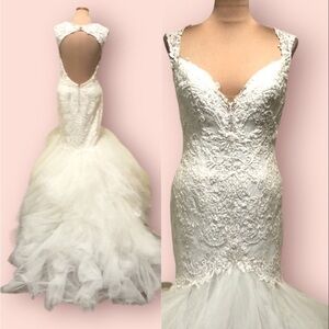 Justin Alexander 8827 Mermaid Wedding Gown Size 12 Ivory Beaded Chantilly Lace